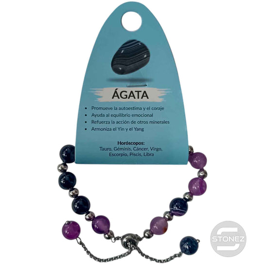 600103395 Pulsera Ajustable Piedra Natural 8 mm Agata Morado Y Bolas De Acero 4 mm