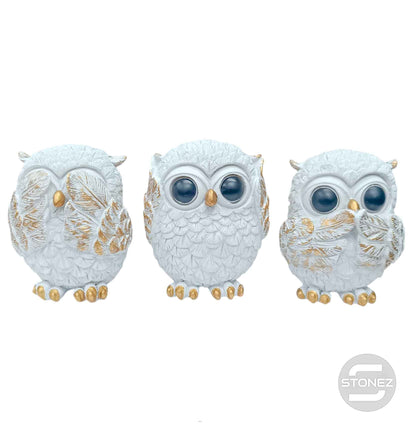 600103406 Juego Figura En Resina Buhos Ver Oir Callar 9 Cms Apox Color Blanco