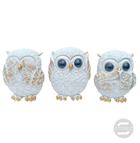 600103406 Juego Figura En Resina Buhos Ver Oir Callar 9 Cms Apox Color Blanco