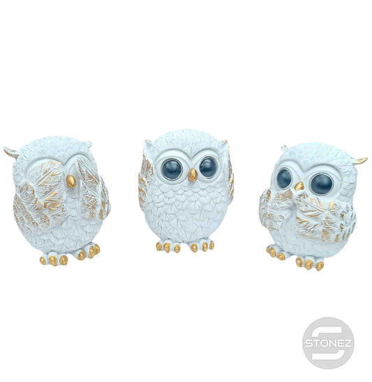 600103406 Juego Figura En Resina Buhos Ver Oir Callar 9 Cms Apox Color Blanco