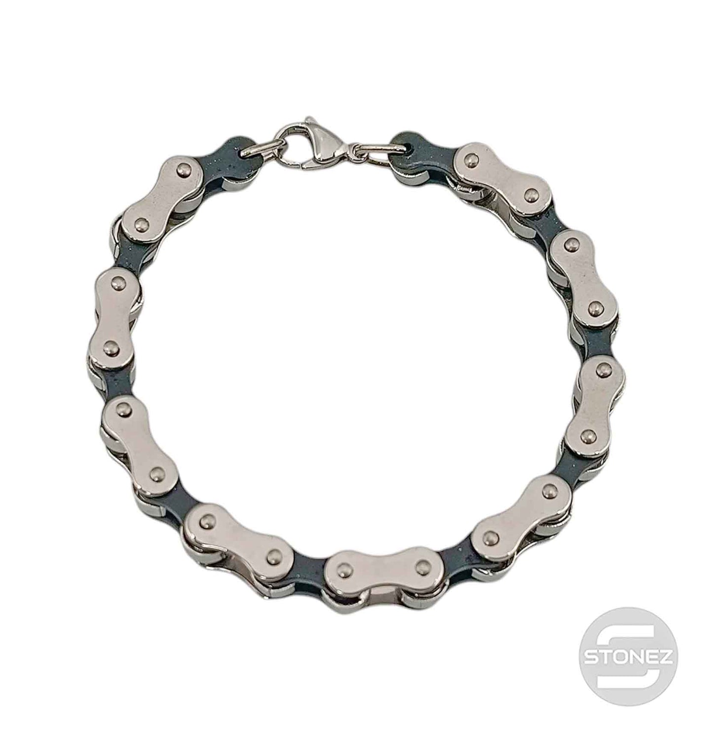 600103462-01  Pulsera Acero Y Caucho Cadena Moto 22 Cms