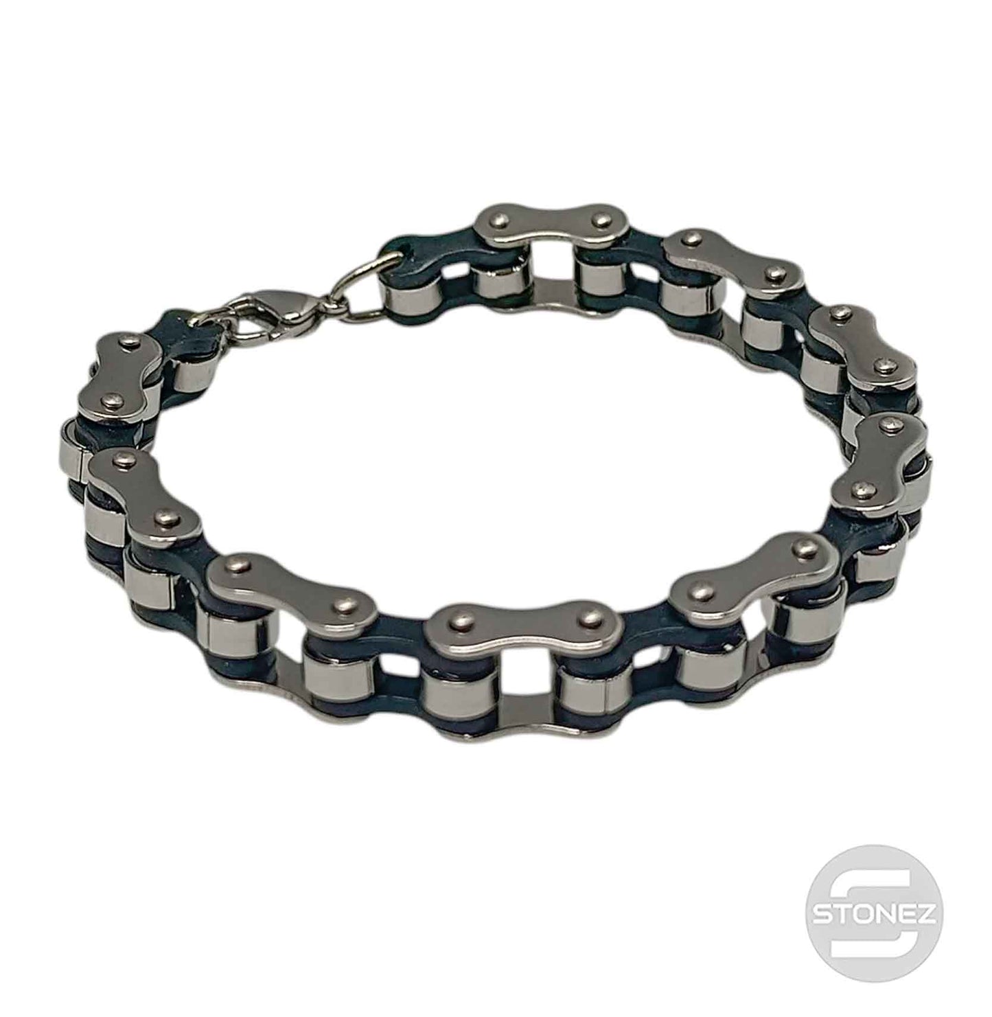 600103462-01  Pulsera Acero Y Caucho Cadena Moto 22 Cms