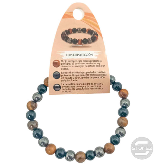 600103583 Pulsera Triple Protección Combinando Ojo Tigre, Obsidiana Y Hematite  De Hombre 22 Cms 8mm