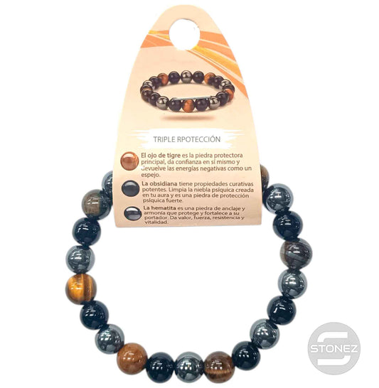 600103584 Pulsera Triple Protección Combinando Ojo Tigre, Obsidiana Y Hematite  De Hombre 22 Cms 10 mm
