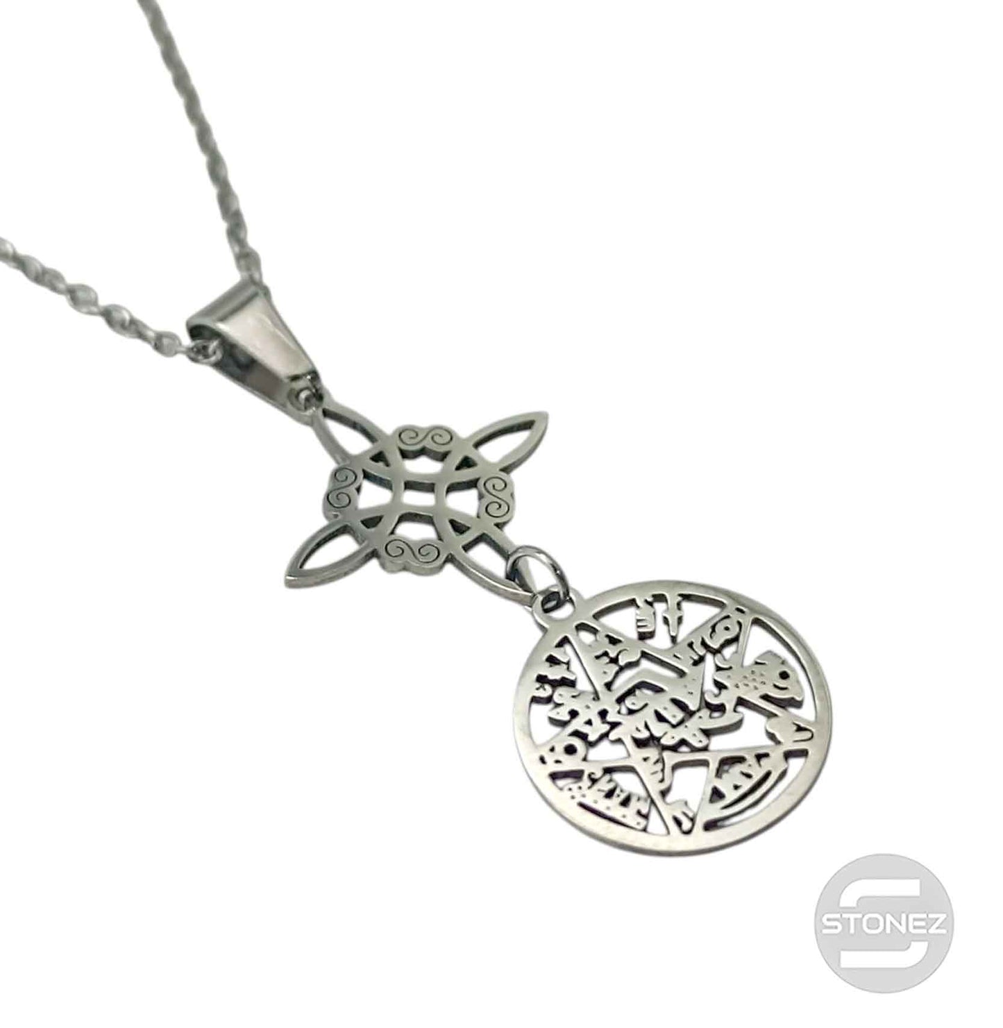 600103976 Collar Acero Doble Proteccion Nudo De Bruja Tetragramaton Cadena 42+5 Cms