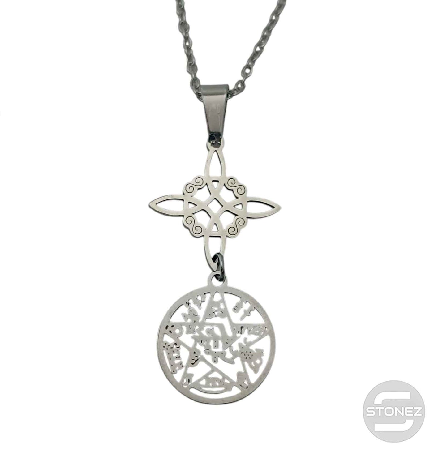 600103976 Collar Acero Doble Proteccion Nudo De Bruja Tetragramaton Cadena 42+5 Cms
