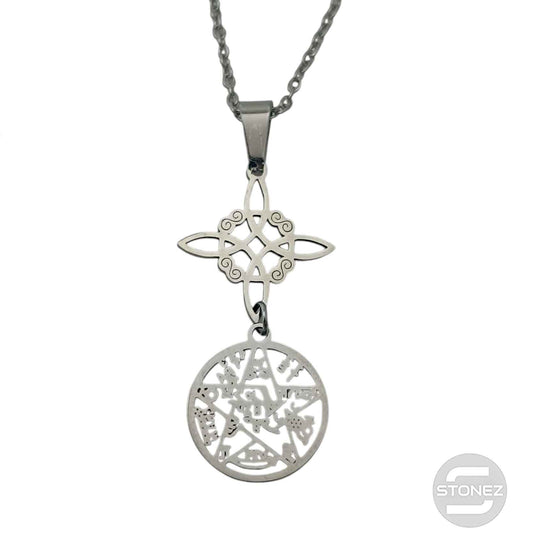 600103976 Collar Acero Doble Proteccion Nudo De Bruja Tetragramaton Cadena 42+5 Cms