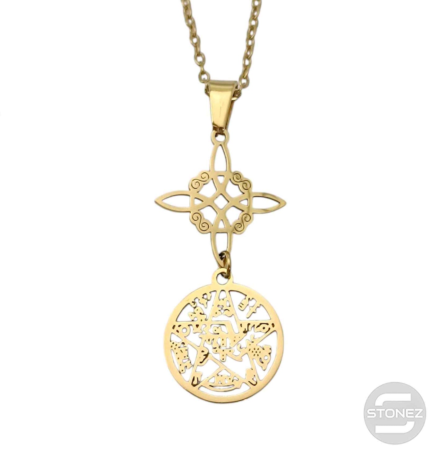 600103977 Collar Acero Dorado Doble Proteccion Nudo De Bruja Tetragramaton Cadena 42+5 Cms