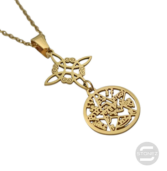 600103977 Collar Acero Dorado Doble Proteccion Nudo De Bruja Tetragramaton Cadena 42+5 Cms
