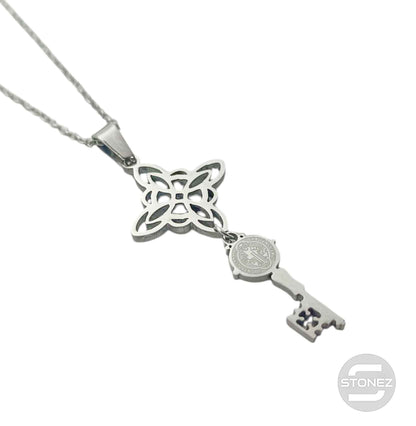 600103978 Collar Acero Doble Proteccion Nudo De Bruja Llave San Benito Cadena 42+5 Cms - stonez