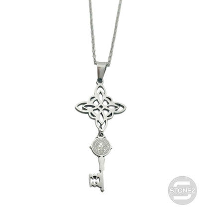 600103978 Collar Acero Doble Proteccion Nudo De Bruja Llave San Benito Cadena 42+5 Cms - stonez