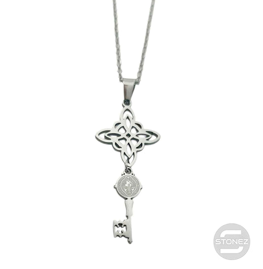 600103978 Collar Acero Doble Proteccion Nudo De Bruja Llave San Benito Cadena 42+5 Cms