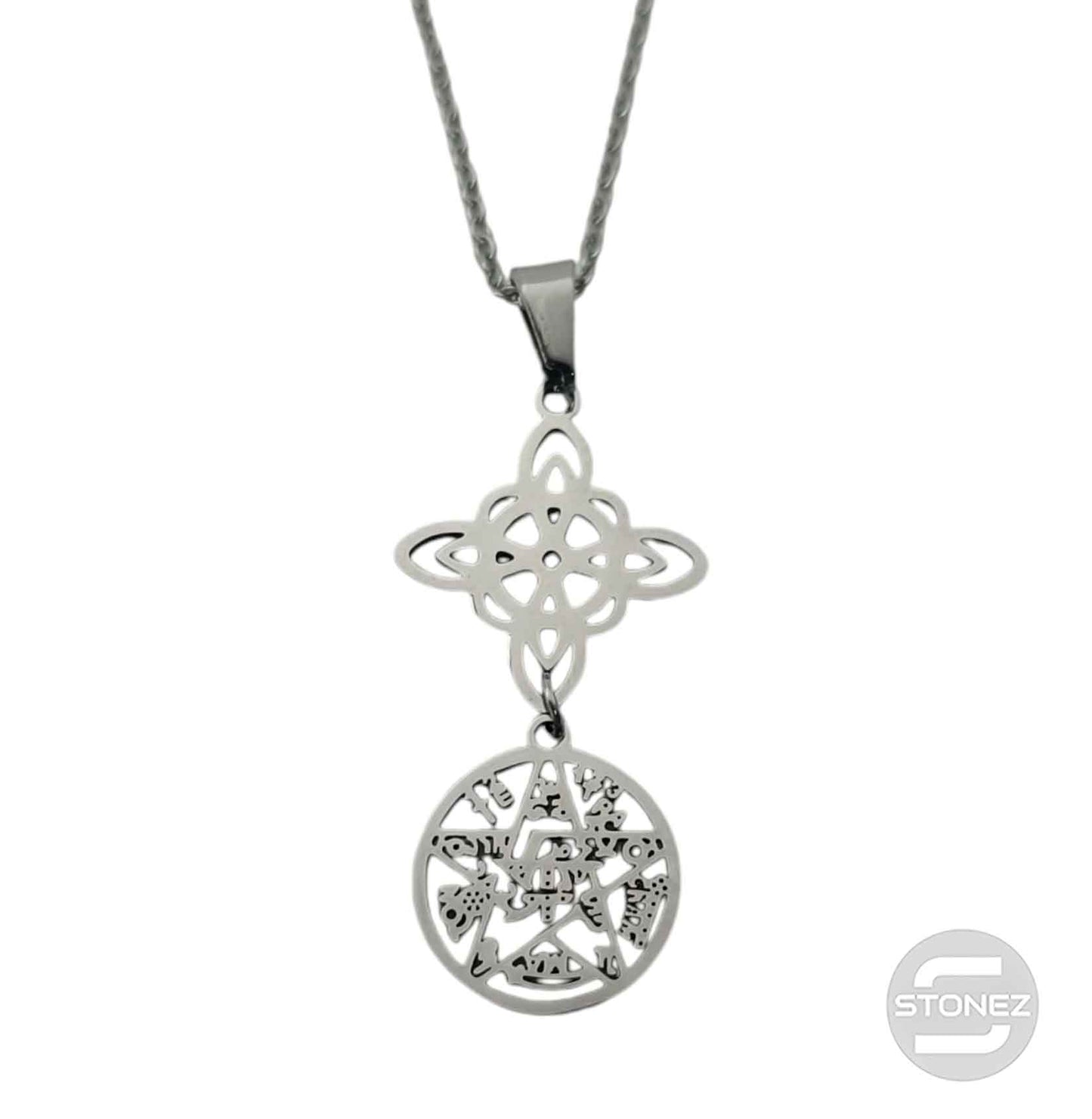 600103980 Collar Acero Doble Proteccion Nudo De Bruja Tetragramaton Cadena 42+5 Cms