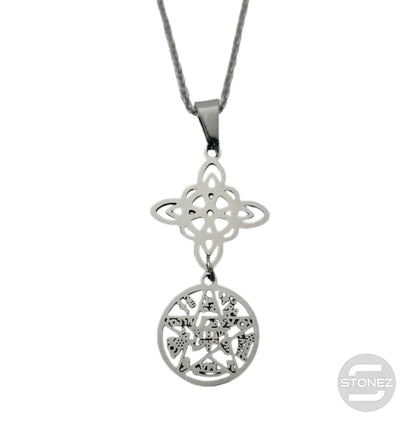 Collar Acero Doble Proteccion Nudo De Bruja Tetragramaton Cadena 42+5 Cms