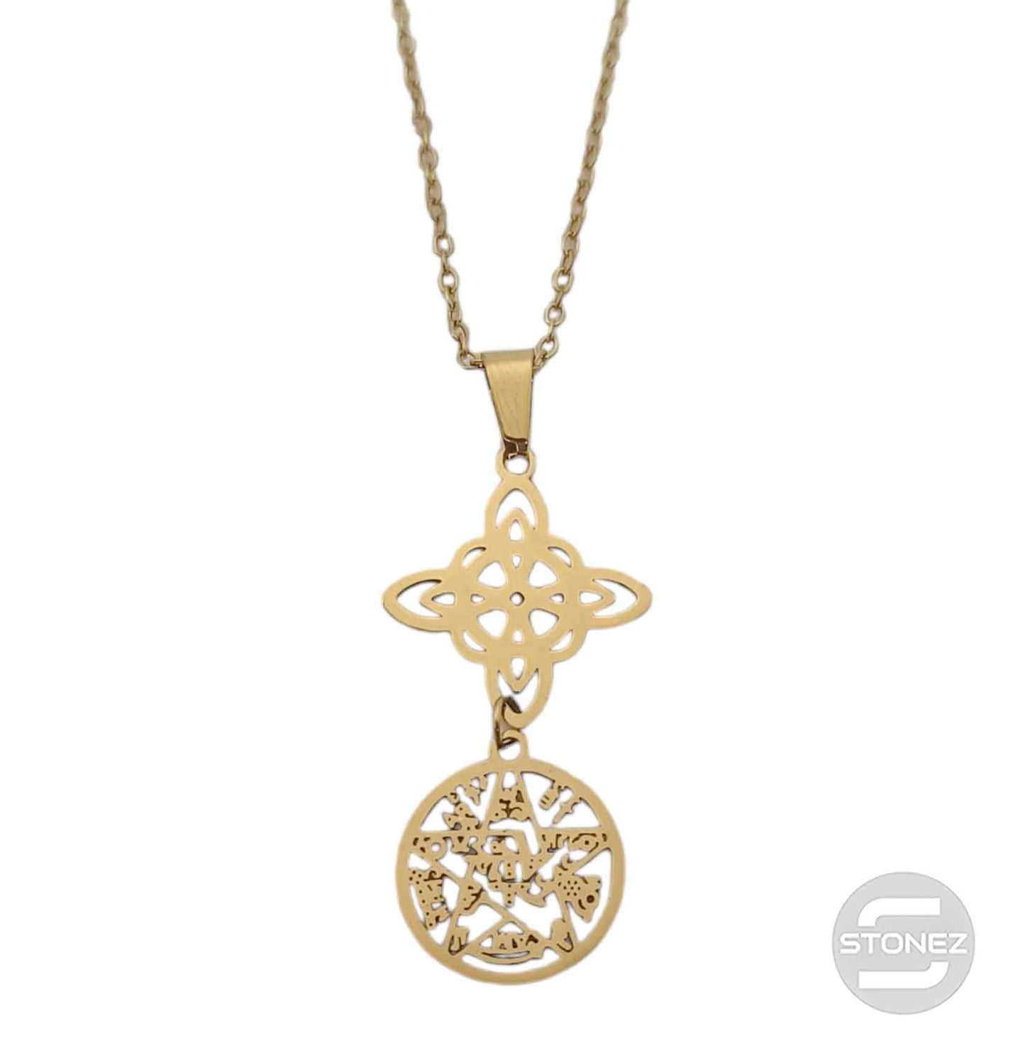 600103981 Collar Acero Dorado Doble Proteccion Nudo De Bruja Tetragramaton Cadena 42+5 Cms