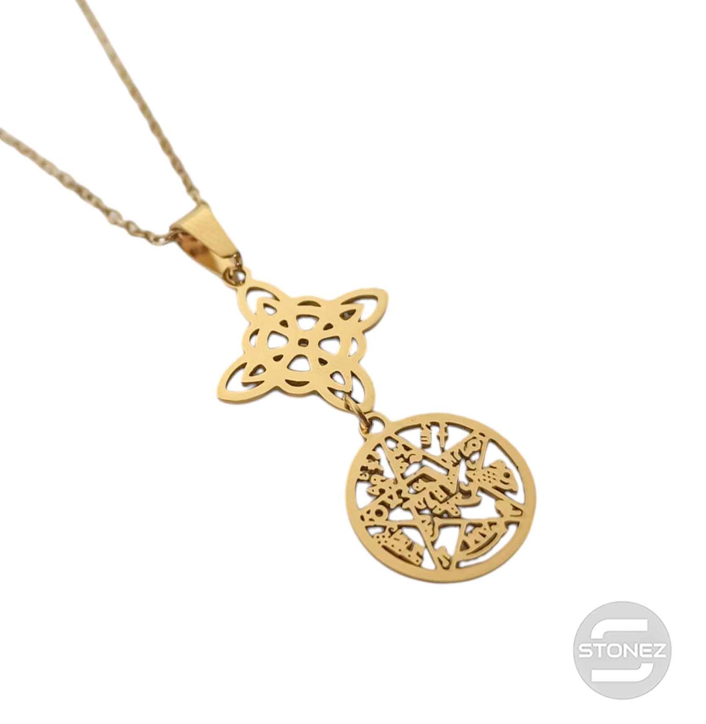 600103981 Collar Acero Dorado Doble Proteccion Nudo De Bruja Tetragramaton Cadena 42+5 Cms