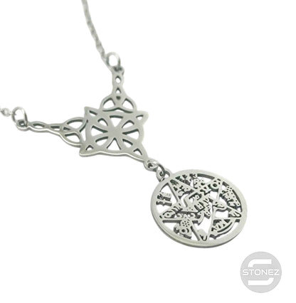 Collar Acero Doble Proteccion Nudo De Bruja Tetragramaton Cadena 42+5 Cms