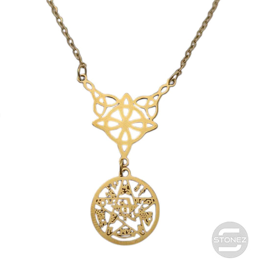 600103983 Collar Acero Dorado Doble Proteccion Nudo De Bruja Tetragramaton Cadena 42+5 Cms