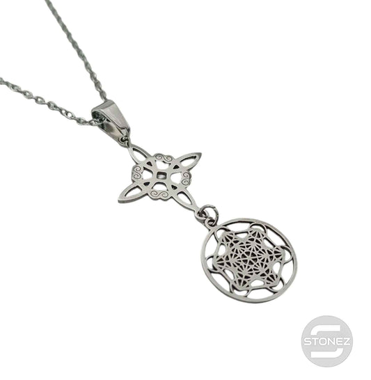 600103984 Collar Acero Daoble Proteccion Nudo De Bruja Y Metatron Cadena 42+5 Cms