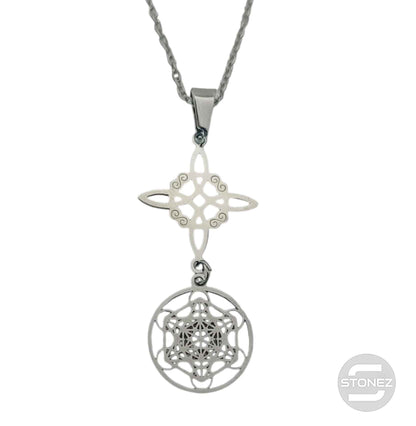600103984 Collar Acero Daoble Proteccion Nudo De Bruja Y Metatron Cadena 42+5 Cms - stonez