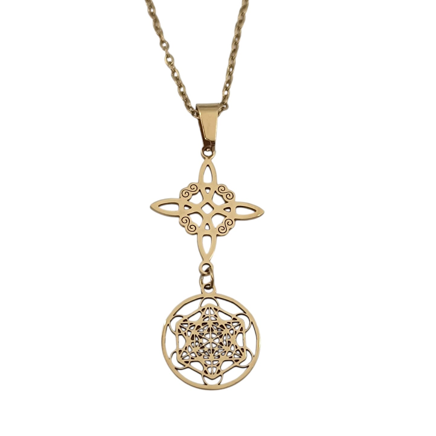 Collar Acero Dorado Nudo De Bruja Y Metatron Cadena 42+5 Cms