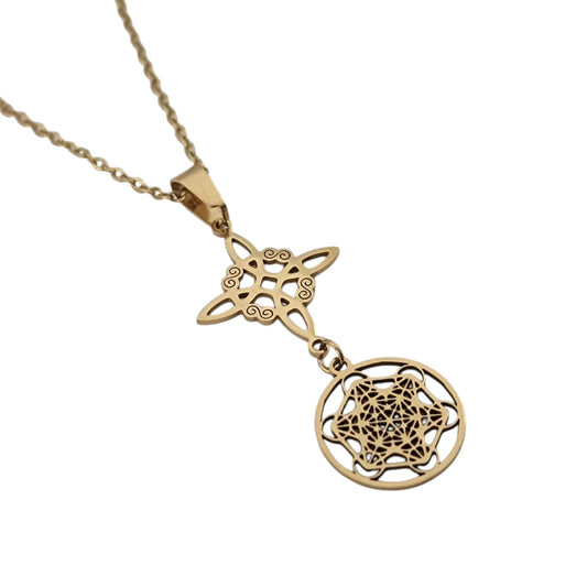 Collar Acero Dorado Nudo De Bruja Y Metatron Cadena 42+5 Cms