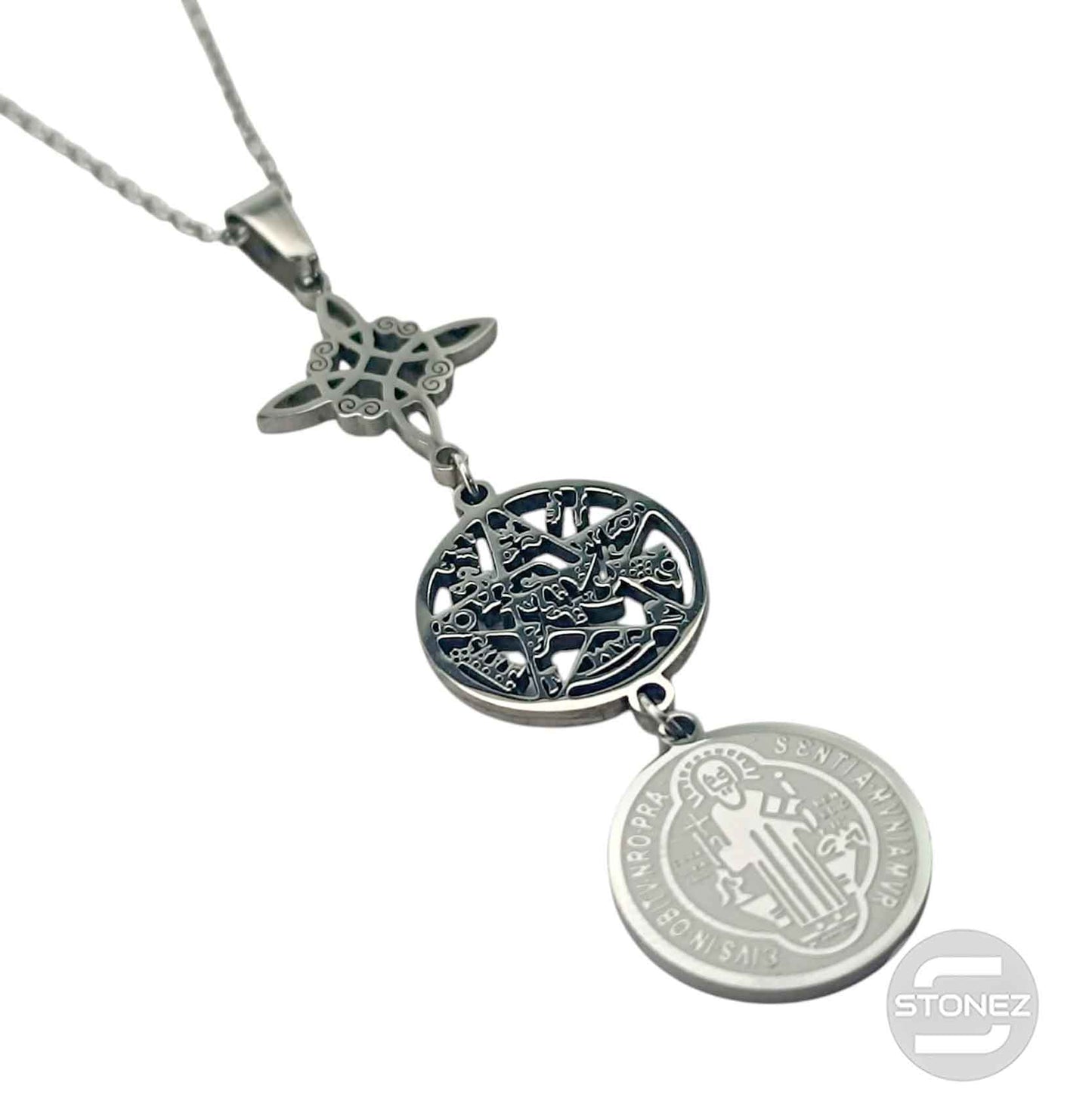 600103990 Collar Acero Triple Proteccion Nudo De Bruja Tetragramaton Y San Benito Cadena 42+5 Cms
