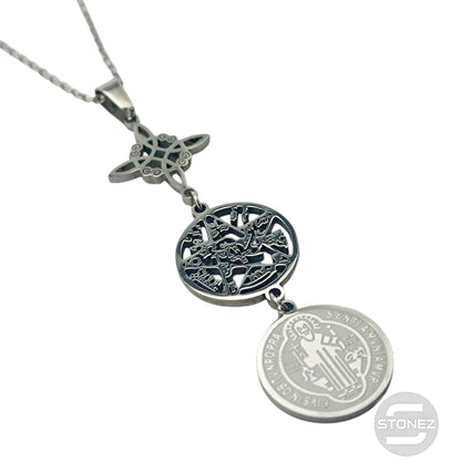 600103990 Collar Acero Triple Proteccion Nudo De Bruja Tetragramaton Y San Benito Cadena 42+5 Cms - stonez