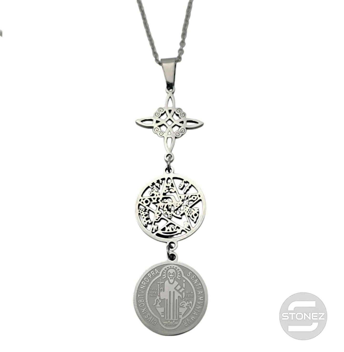 600103990 Collar Acero Triple Proteccion Nudo De Bruja Tetragramaton Y San Benito Cadena 42+5 Cms