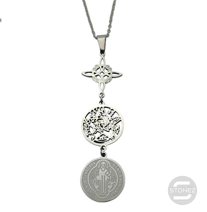 600103990 Collar Acero Triple Proteccion Nudo De Bruja Tetragramaton Y San Benito Cadena 42+5 Cms - stonez