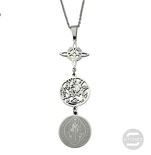 600103990 Collar Acero Triple Proteccion Nudo De Bruja Tetragramaton Y San Benito Cadena 42+5 Cms