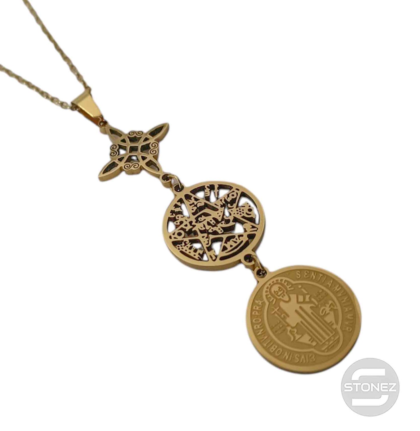 600103991 Collar Acero Dorado Triple Proteccion Nudo De Bruja Tetragramaton Y San Benito Cadena 42+5 Cms