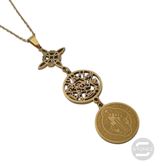 600103991 Collar Acero Dorado Triple Proteccion Nudo De Bruja Tetragramaton Y San Benito Cadena 42+5 Cms