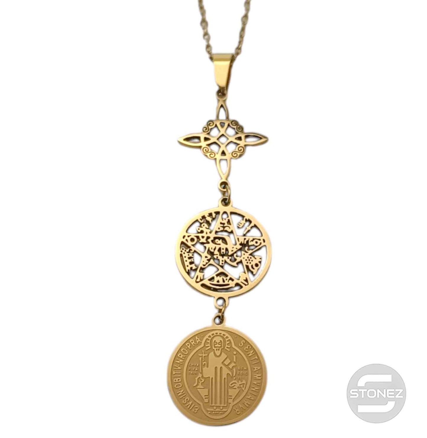 600103991 Collar Acero Dorado Triple Proteccion Nudo De Bruja Tetragramaton Y San Benito Cadena 42+5 Cms