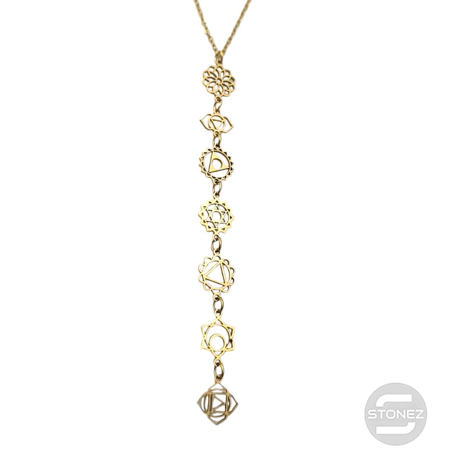 600103993 Collar Acero Dorado Simbolos 7 Chakras Cadena 42+5 Cms