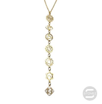 Collar Acero Dorado Simbolos 7 Chakras Cadena 42+5 Cms