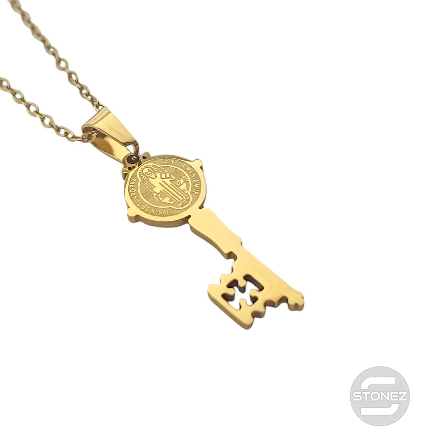 600103997 Collar Acero Dorado Llave San Benito 30 mm Cadena 42+5 Cms