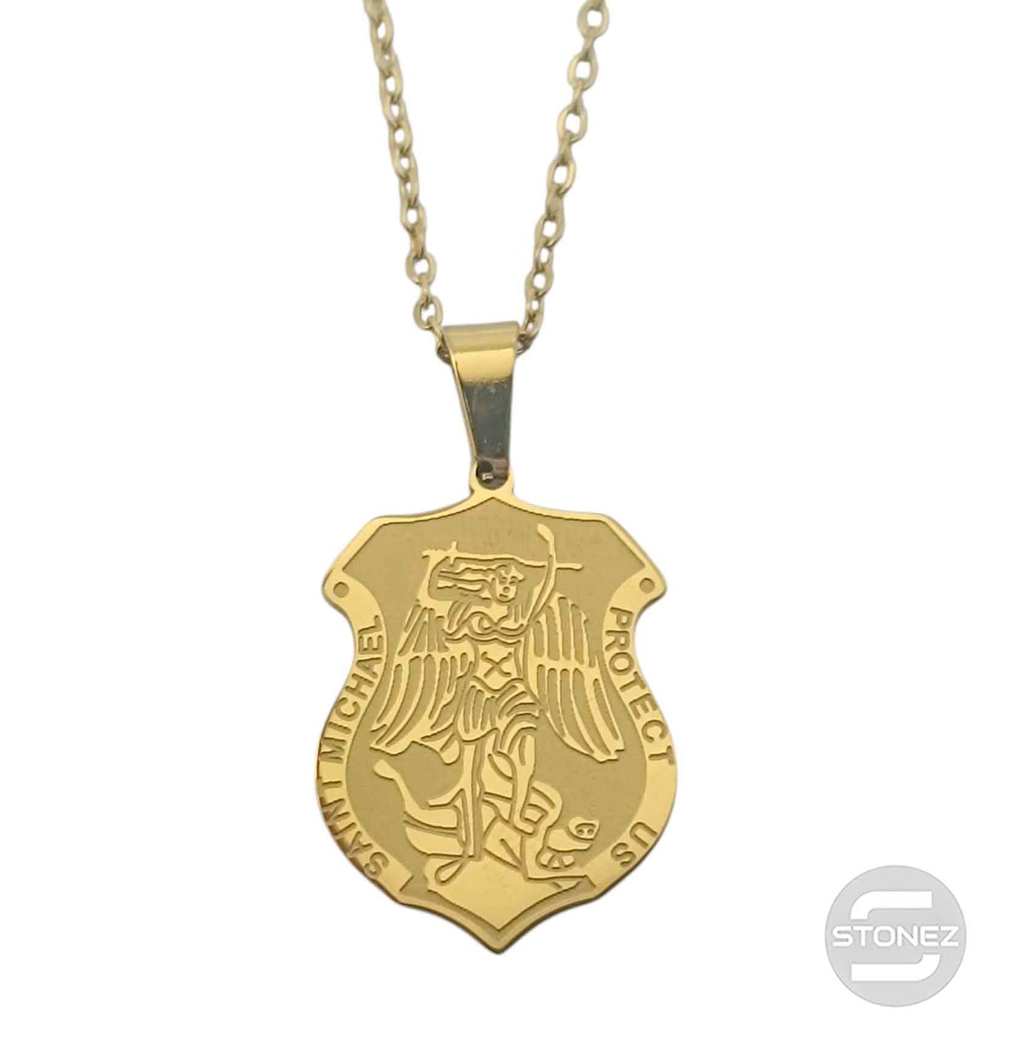 600104001 Collar Acero Dorado Medalla San Miguel 25 mm Cadena 42+5 Cms