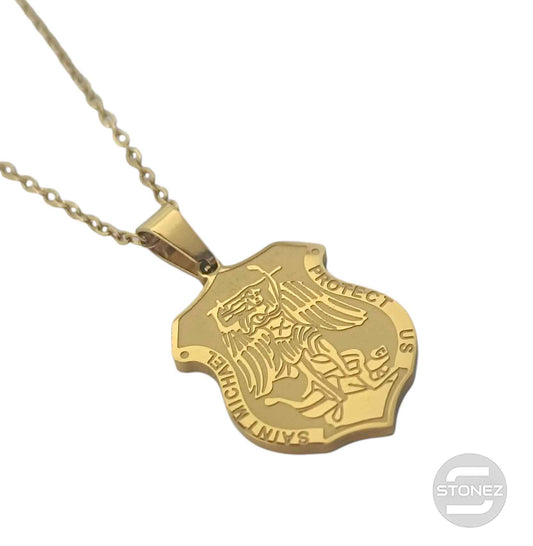 600104001 Collar Acero Dorado Medalla San Miguel 25 mm Cadena 42+5 Cms