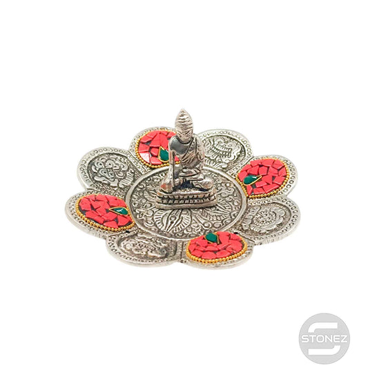 600303081 Porta Incienso Buda De Metal Y Piedra Turquesina  Roja 12 Cms Aprox