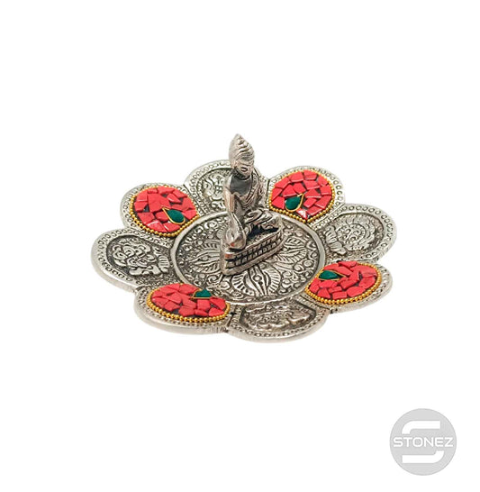 600303081 Porta Incienso Buda De Metal Y Piedra Turquesina  Roja 12 Cms Aprox
