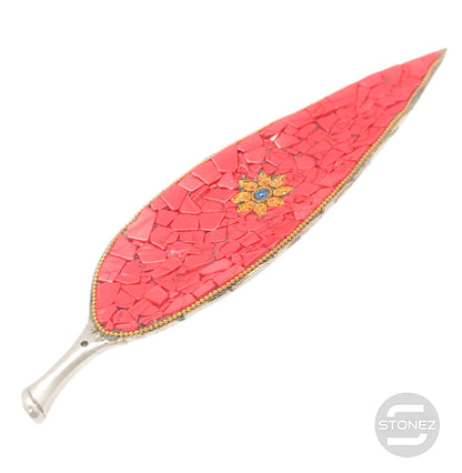 600303083 Porta Incienso Hoja De Metal Y Piedra Turquesina Rojo 22x6 Cms Aprox - stonez