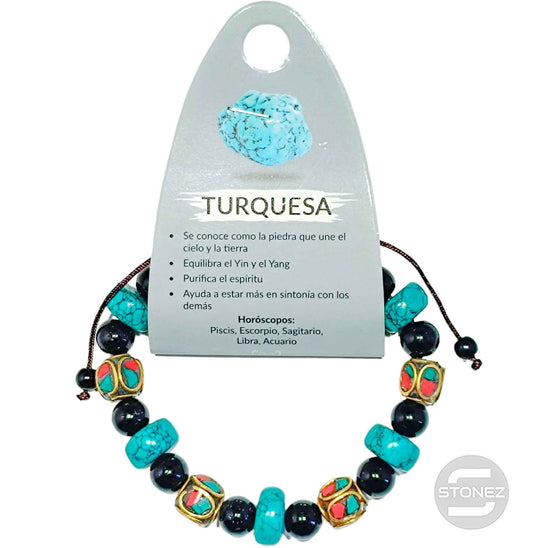 600401783 Pulsera Adaptable Macramé Cuentas Tibetanas Y Turquesina (Los modelos pueden variar como en la foto)