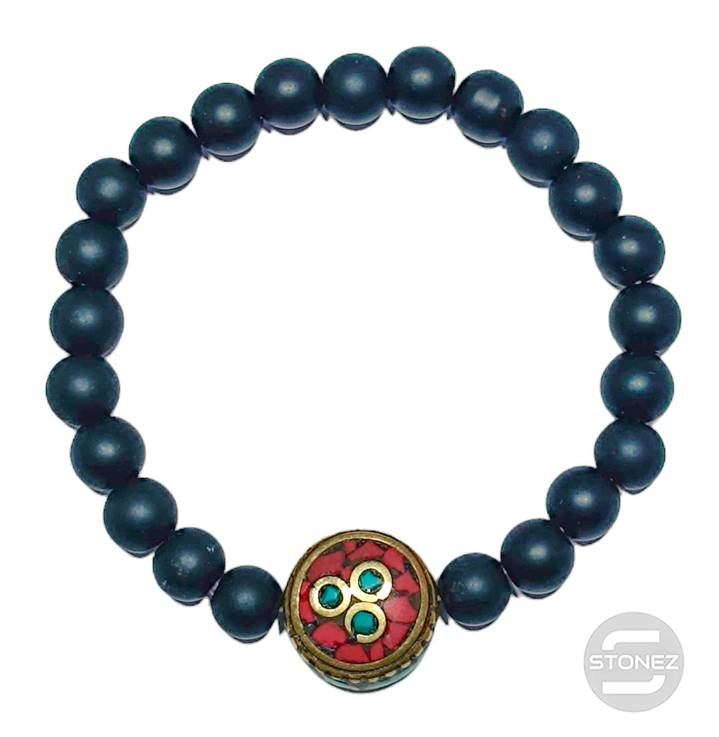 600401795 Pulsera De Piedra Shaligram 8 mm Y Entrepieza Tibetana