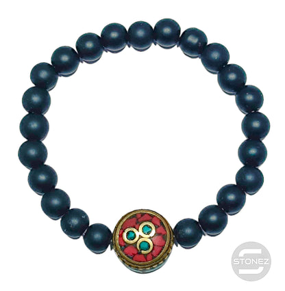 600401795 Pulsera De Piedra Shaligram 8 mm Y Entrepieza Tibetana