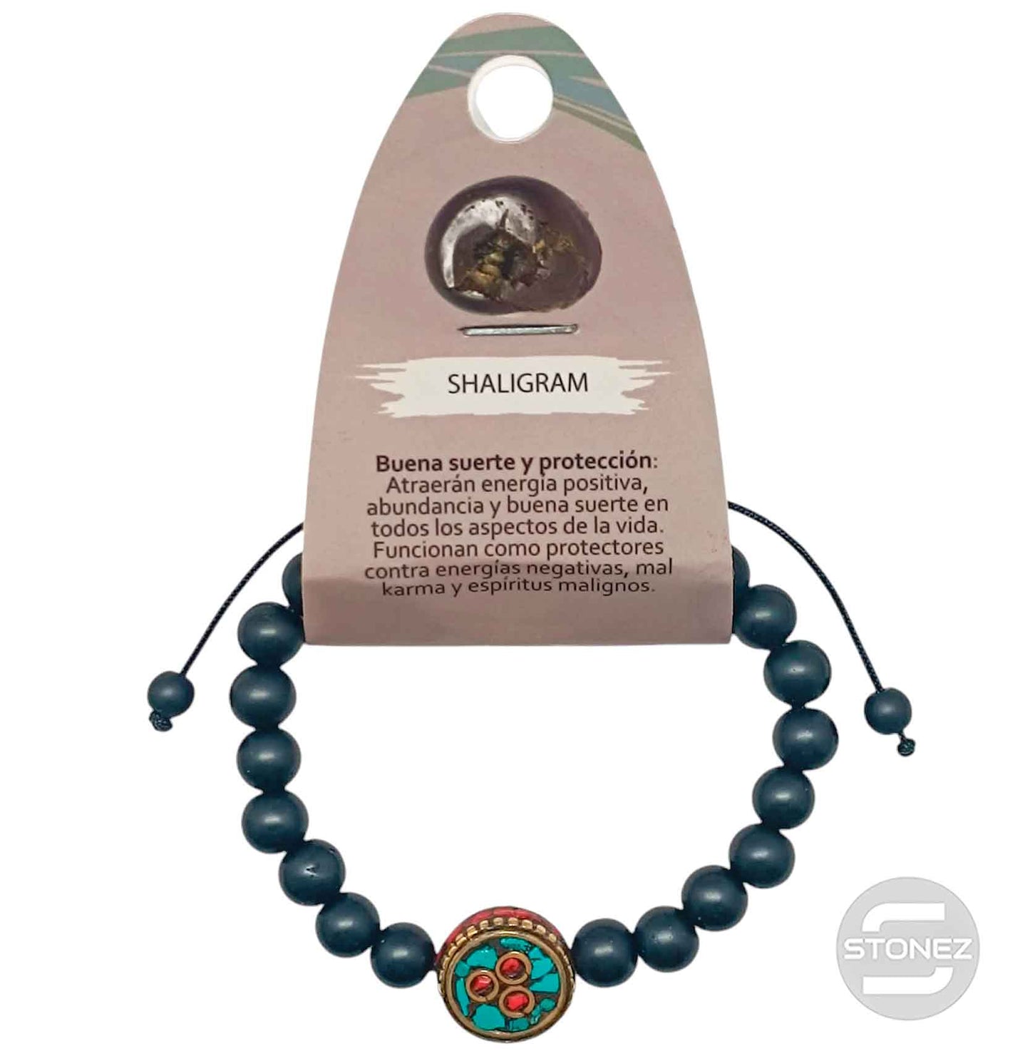 600401800 Pulsera De Piedra Shaligram 8 mm Y Entrepieza Tibetana