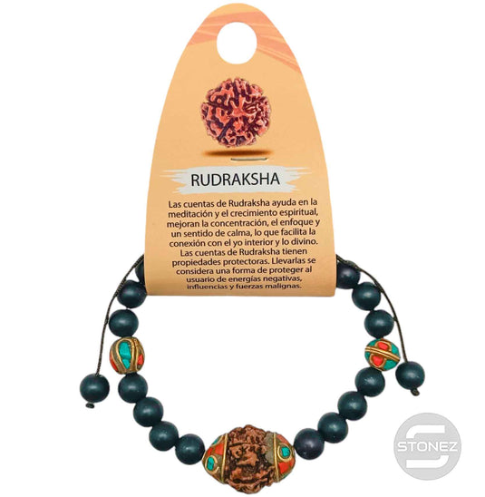 600402394 Pulsera Macramé Tibetana De Piedra Shaligram 8 mm Y Entrepieza Rudraksha 17mm