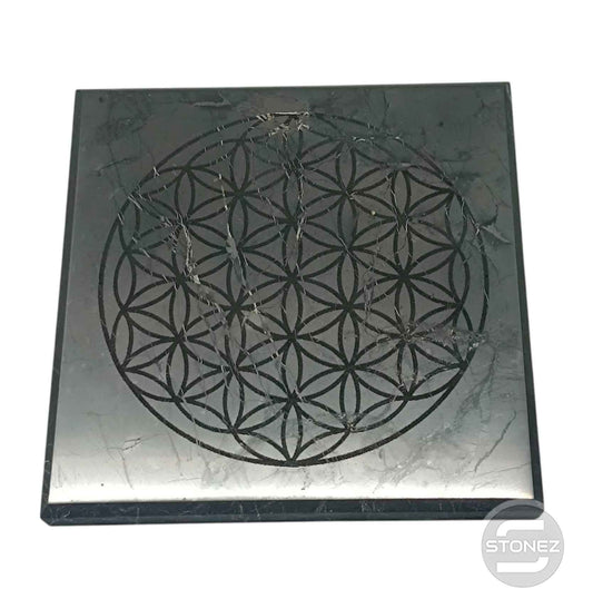 600803857-04 Base Shungita 10x10 Cms Aprox Pulido Grabado Flor de la vida