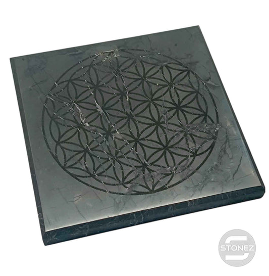 600803857-04 Base Shungita 10x10 Cms Aprox Pulido Grabado Flor de la vida