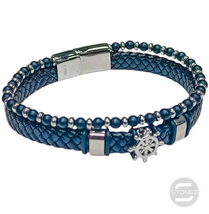 60177-05 Pulsera Acero Timón Cuero Trenzado Y Piedra 22Cms Aprox Cierre Iman - stonez
